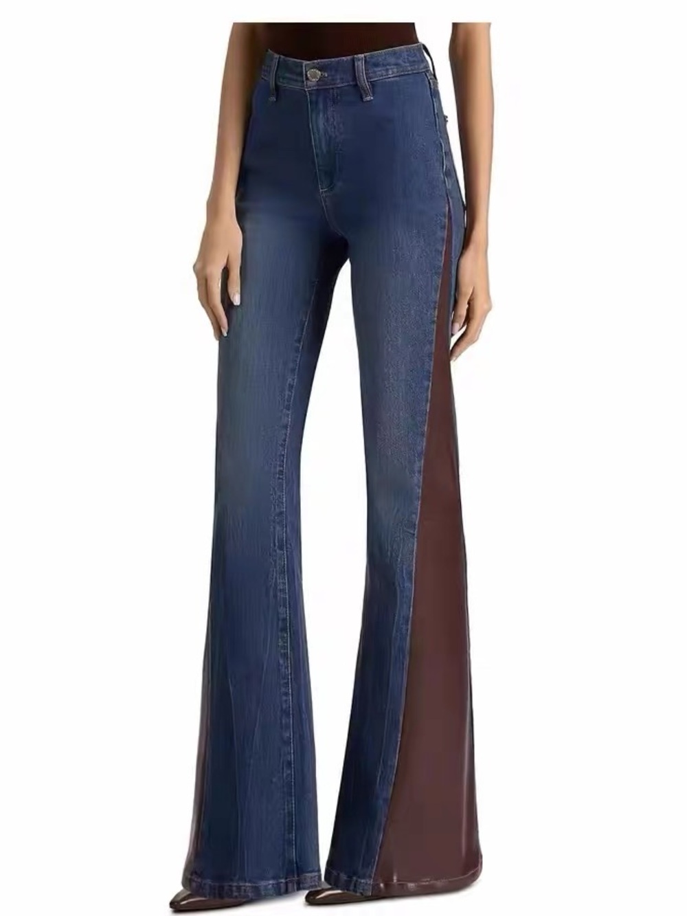 Alice + Olivia Vegan Leather Panel Cutout High Rise Wide Leg Jeans